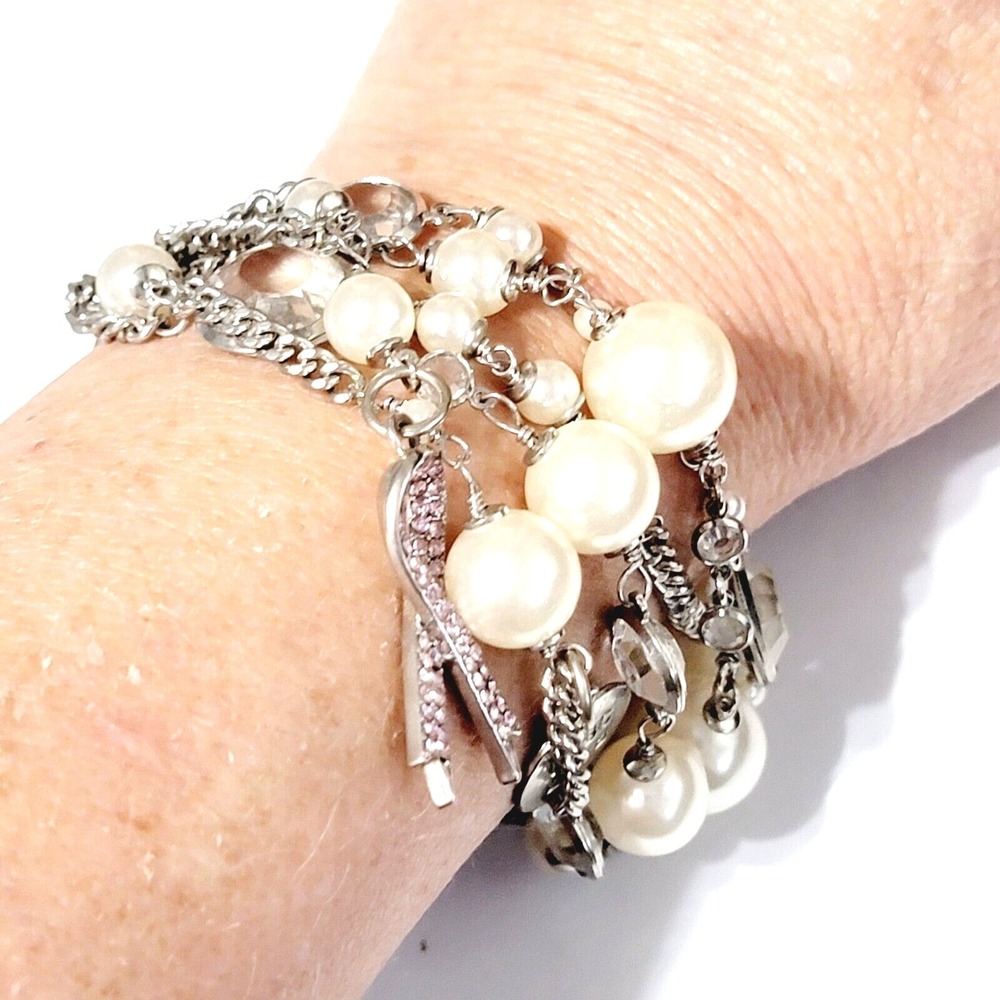Vintage Bracelet Chico's Multi Strand Pearl Lucite Breast Cancer Awareness